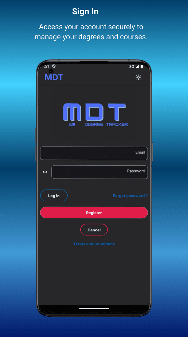 EM DEGREE TRACKER Home screen